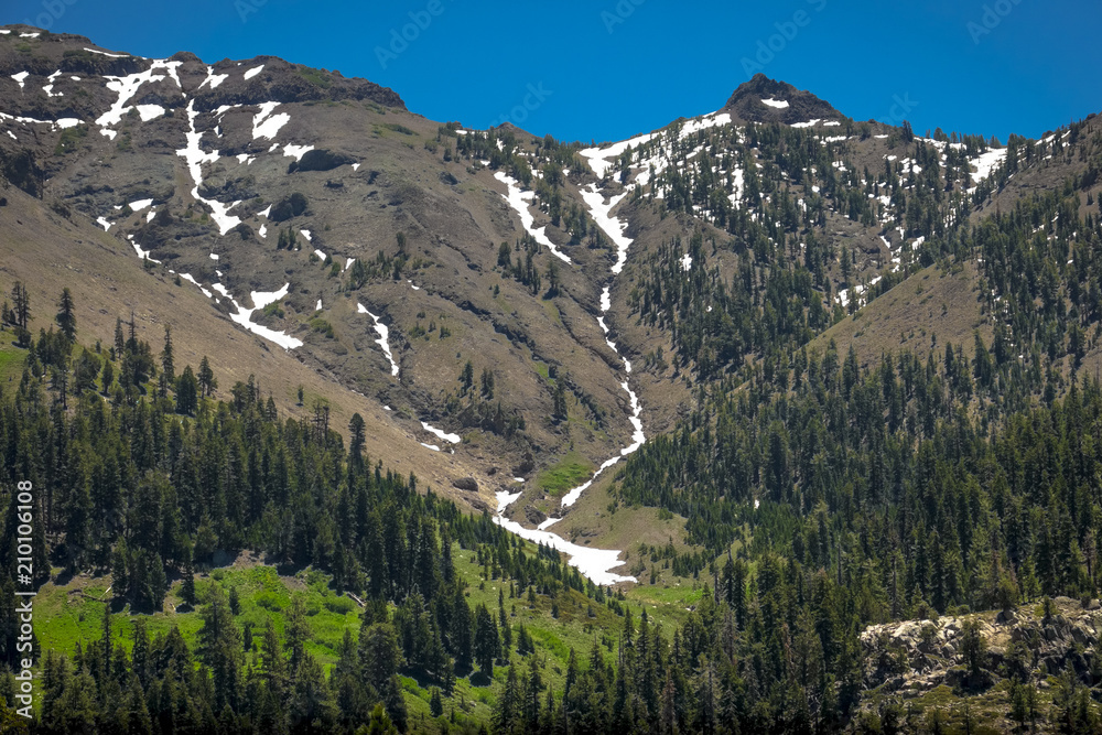 Sierra Alpine Peaks With Melting Snow and Green Valley