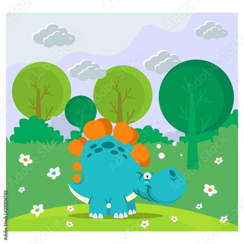 cute funny Stegosaurus in the jungle cartoon character