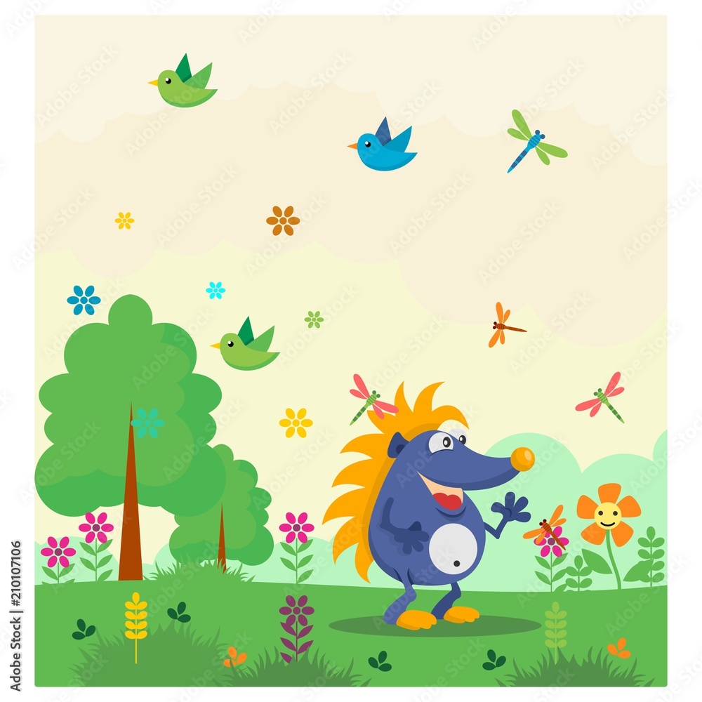 Obraz premium cute funny blue hedgehog in the garden cartoon character