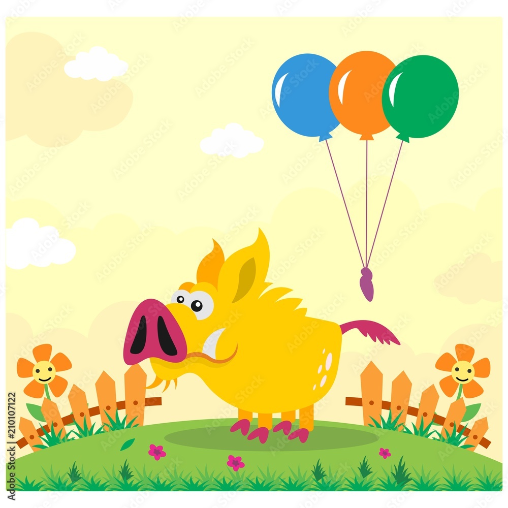 Obraz premium cute funny yellow wild boar in the garden cartoon character