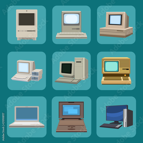 Computer technology vector evolution display telecommunication equipment metal pc monitor frame modern office network.