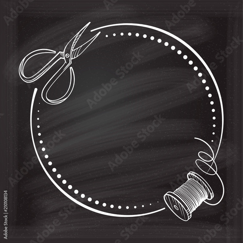 Vector round dotted frame frame whith handmade tools decoration on a chalkboard background