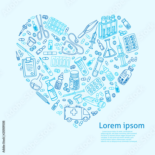medicine doodles in heart shape. vector illustration