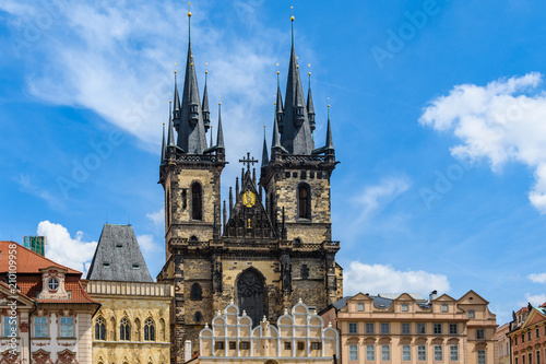 Church towers in Market Square in Prague, Czech Republic