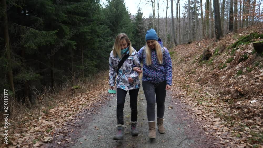Cute blonde ladies girls friend hang out funny walking in the forest hiking in Poland nature Cute blonde ladies girls friend hang out funny walking in the forest hiking in Poland nature