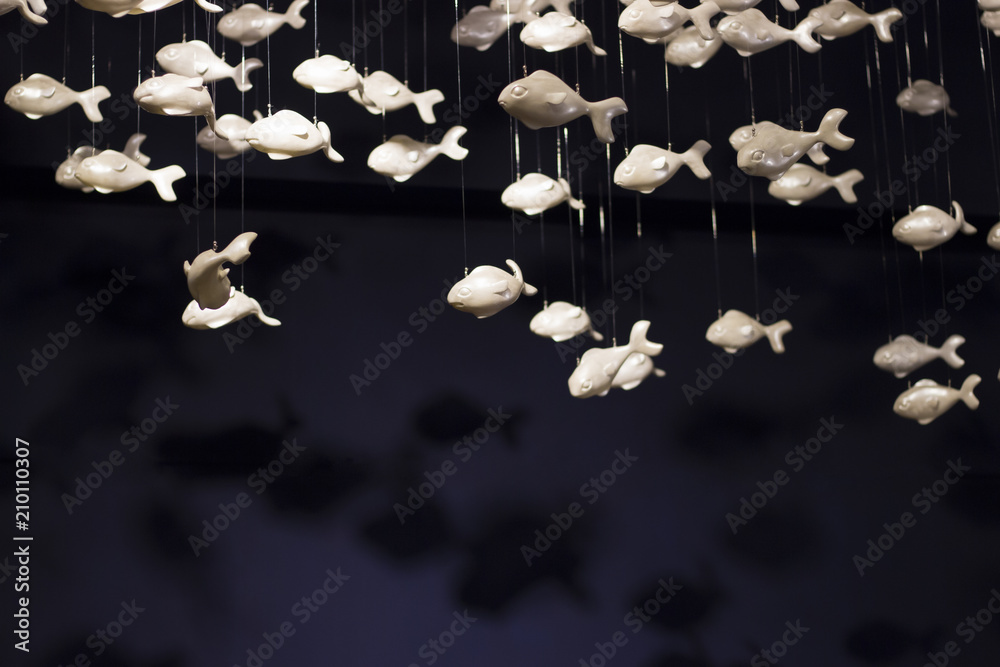 White fish on a fishing line hanging on a blue background, art installation  Stock Photo