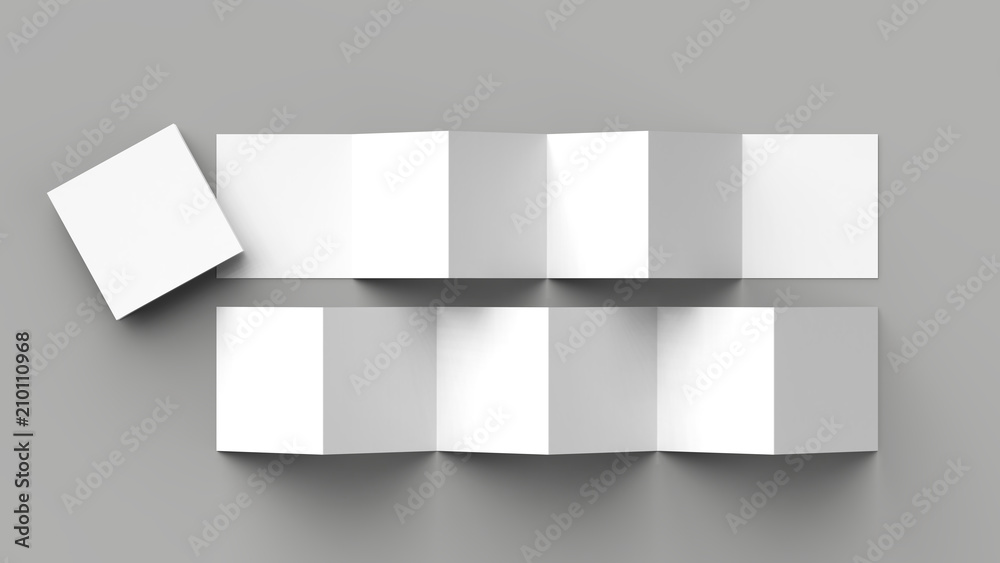 12 page leaflet, 6 panel accordion fold - Z fold square brochure mock up isolated on gray background. 3D illustration.