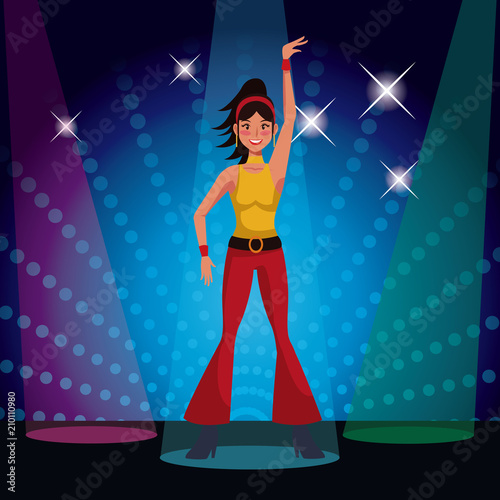 Woman dancing at 80s disco with lights vector illustration graphic design