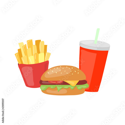 Fast Food set big hamburger, french fries and soda vector icon. Unhealthy junk food eating cartoon illustration isolated on white background