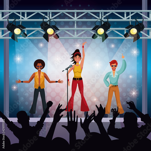 Music concert stage wit music group and fans vector illustration graphic design