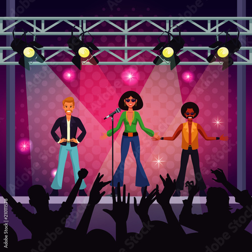 Music concert stage wit music group and fans vector illustration graphic design