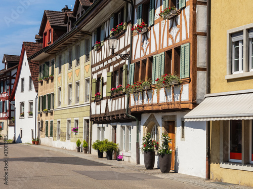 Buildings of the historic part of the town of Bremgarten. Bremgarten is a municipality in the Swiss canton of Aargau, its medieval old town is listed as a heritage site of national significance. © photogearch