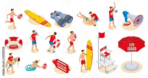 Beach Lifeguards Isometric Icons photo