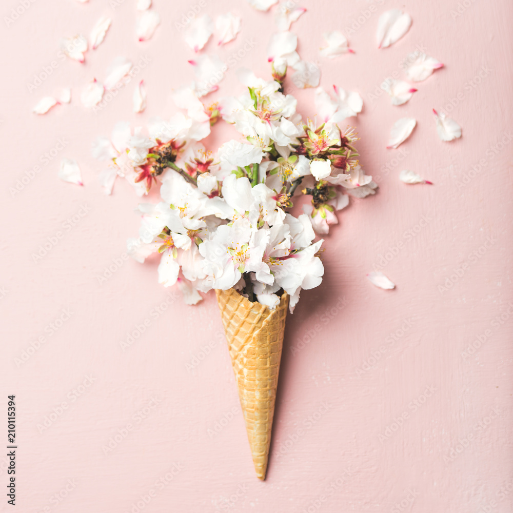Fototapeta Flat-lay of waffle sweet cone with white almond blossom flowers over pastel light pink background, top view. Spring or summer mood concept, square crop