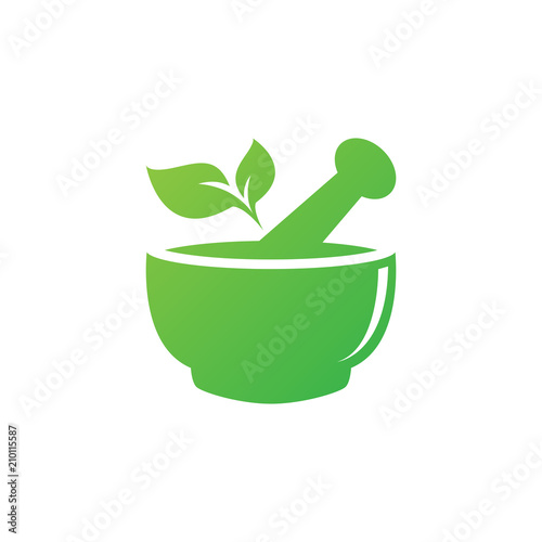 Mortar and pestle pharmacy nature herbal health logo design vector template