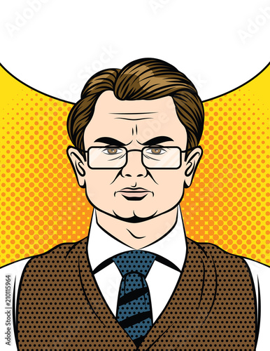 Vector colorful pop art style illustration of a disappointed face of adult man. Emotional face of a man in glasses and suit
