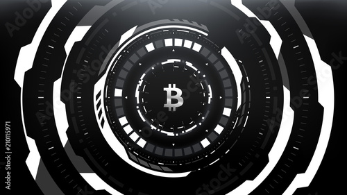 Bitcoin Cryptocurrency Futuristic Sci-Fi Technology Circular HUD Black Background Illustration. Worldwide Digital Money Blockchain System