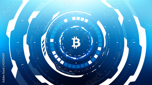 Bitcoin Cryptocurrency Futuristic Sci-Fi Technology Circular HUD Background Illustration. Worldwide Digital Money Blockchain System