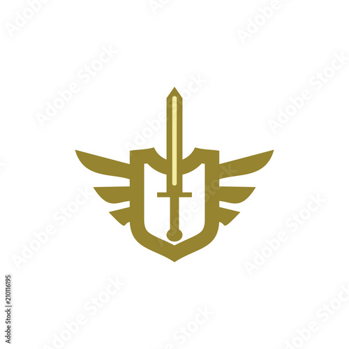 golden wing , shield, sword logo design