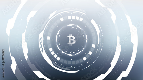 Bitcoin Cryptocurrency Futuristic Sci-Fi Technology Circular HUD Background Illustration. Worldwide Digital Money Blockchain System