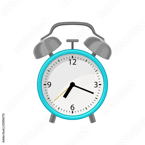 Flat vector icon of alarm clock with bright blue case, white dial, gray metal hammer and bells on top. Showing time for wake up