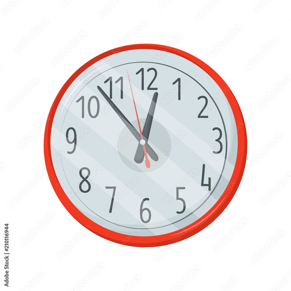 Classic red round clock with white dial, big black numerals and arrows. Wall decor element. Flat vector design for website or mobile app Classic red round clock with white dial, big black numerals and arrows. Wall decor element. Flat vector design for website or mobile app