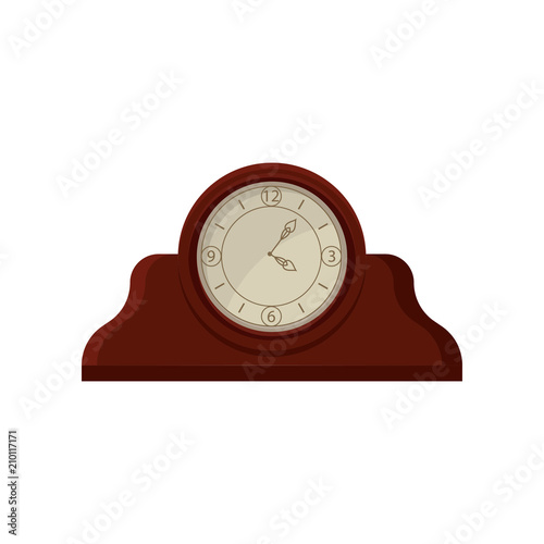 Vintage wooden table desk clock with round dial. Flat vector element for advertising poster of souvenir or antiques shop