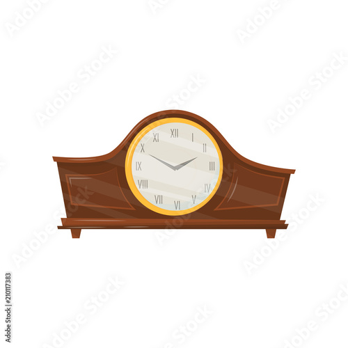 Vintage wooden clock with roman numerals and golden trim. Interior home decor. Flat vector element for flyer of souvenir or antiques shop