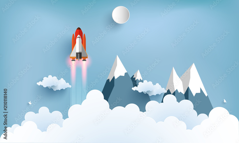 illustration of the shuttle. flying across beautiful clouds at full speed. paper art design