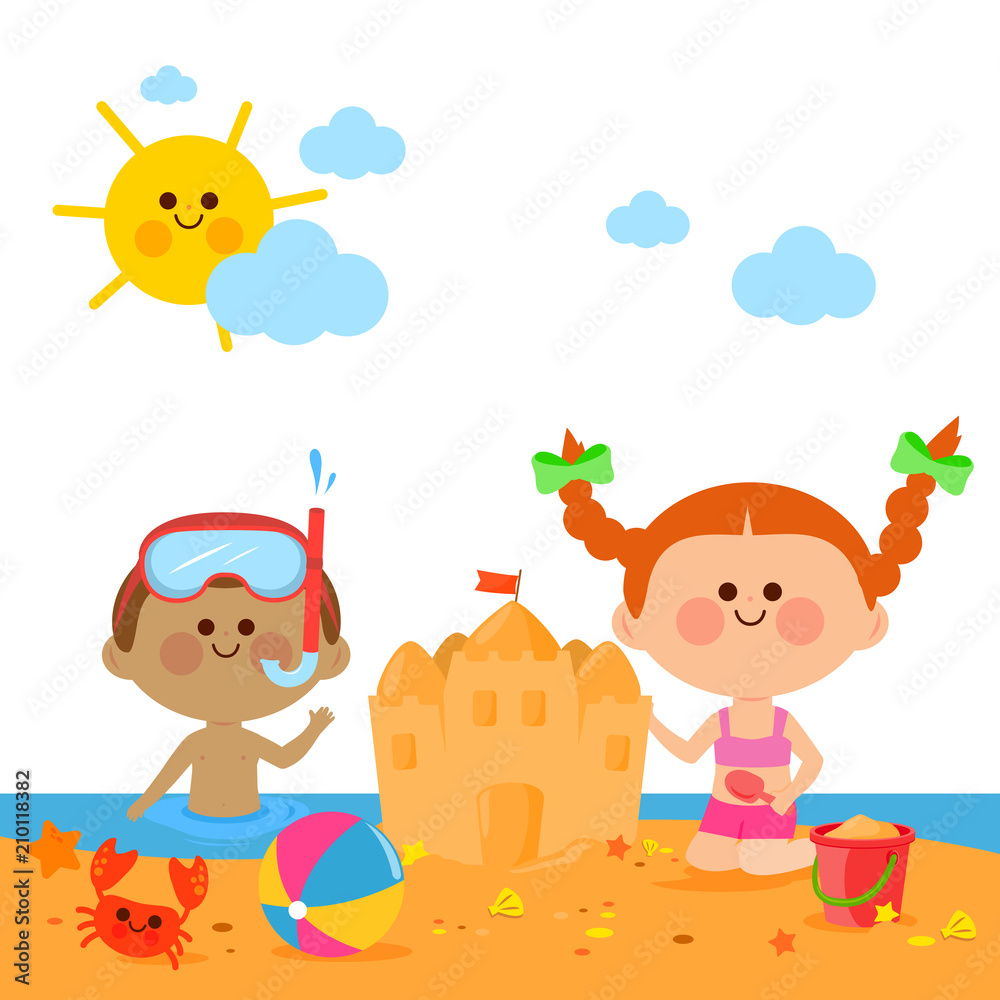 Children at the beach swimming and building a sandcastle. Vector illustration Children at the beach swimming and building a sandcastle. Vector illustration