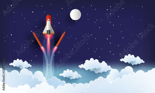 illustration of the shuttle. flying across beautiful clouds at full speed. paper art design