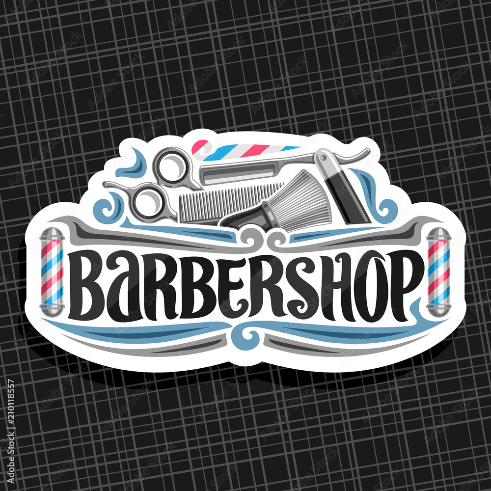 Vector logo for Barbershop, cut paper sign with professional beauty  accessories, original brush typeface for word barbershop, elegant signage  for barber shop salon with stripes spinning barber pole. Stock-Vektorgrafik  | Adobe Stock