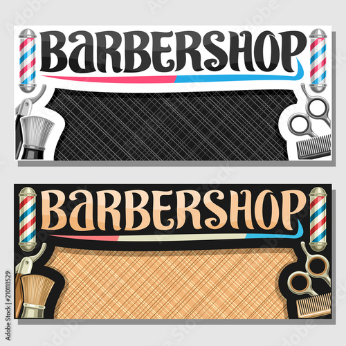 Vector banners for Barbershop with copy space, professional beauty accessories, original brush typeface for word barbershop, elegant flyers for barber shop salon with stripes spinning barber pole.