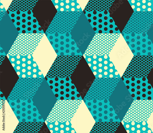 geometric seamless pattern with cubes and dots in blue shades