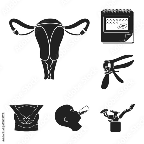 Woman and pregnancy black icons in set collection for design. Gynecology and equipment vector symbol stock web illustration.