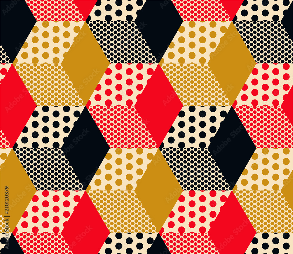 geometric seamless pattern with cubes and dots in gold red and black