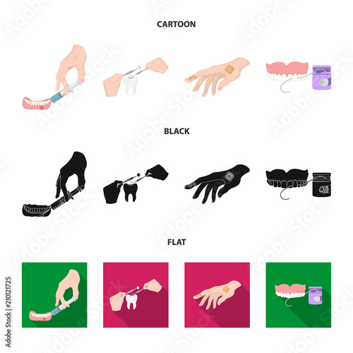 Anesthetic injection, dental instrument, hand manipulation, tooth cleaning and other web icon in cartoon,black,flat style.bactericidal plaster, medicine icons in set collection.
