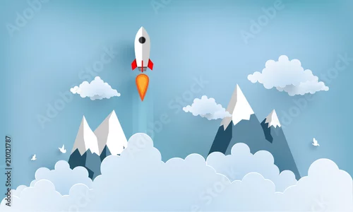 Obraz ilustracja rakiety latające nad chmurą. piękne krajobrazy z białymi chmurami