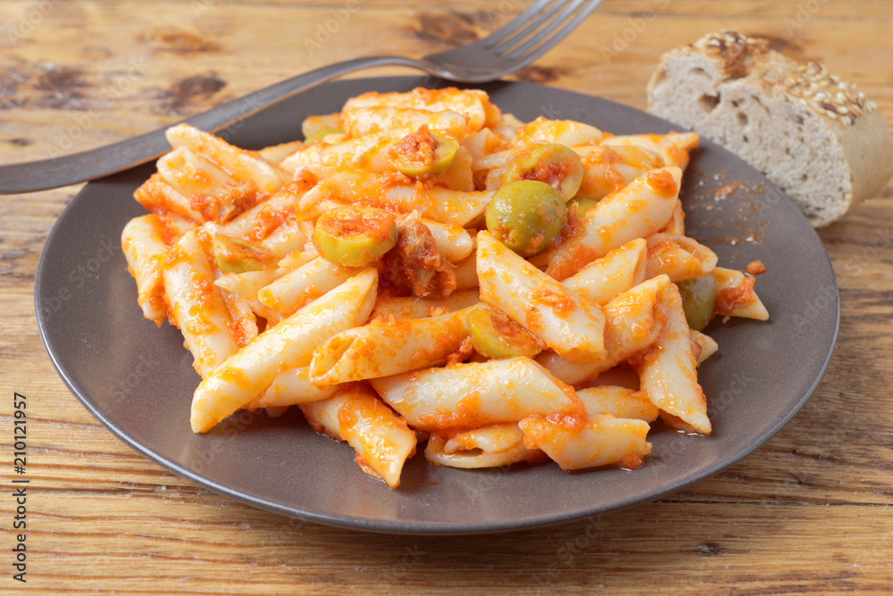 homemade stew of macaroni with tomato olive and pickle homemade stew of macaroni with tomato olive and pickle