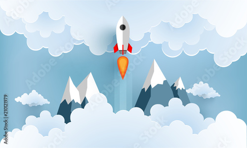 rocket illustration flying over cloud. beautiful scenery with white clouds