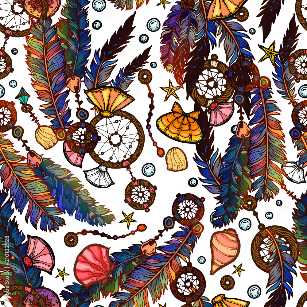 Fototapeta Ethnic feather seamless pattern in boho style.