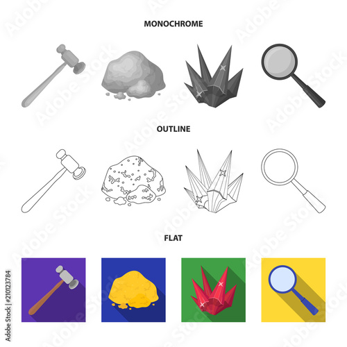 A jeweler hammer, a magnifier, a copper ore, a crystal. Precious minerals and a jeweler set collection icons in flat,outline,monochrome style vector symbol stock illustration web.