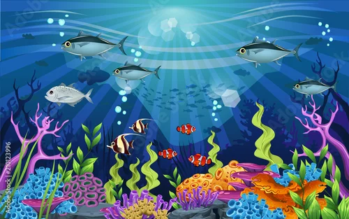 Obraz siedliska morskie i piękno koralowców. Są zawilce, ryby i rafy.