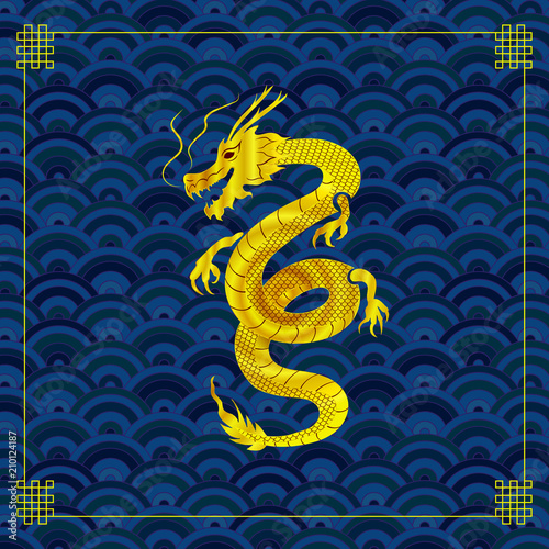 Vector Asian Dragon on Traditional Waves Pattern, Golden Ornament.