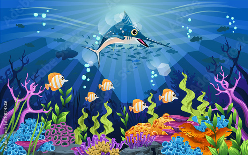 marine habitats and the beauty of coral. There are anemones, fish and reefs.