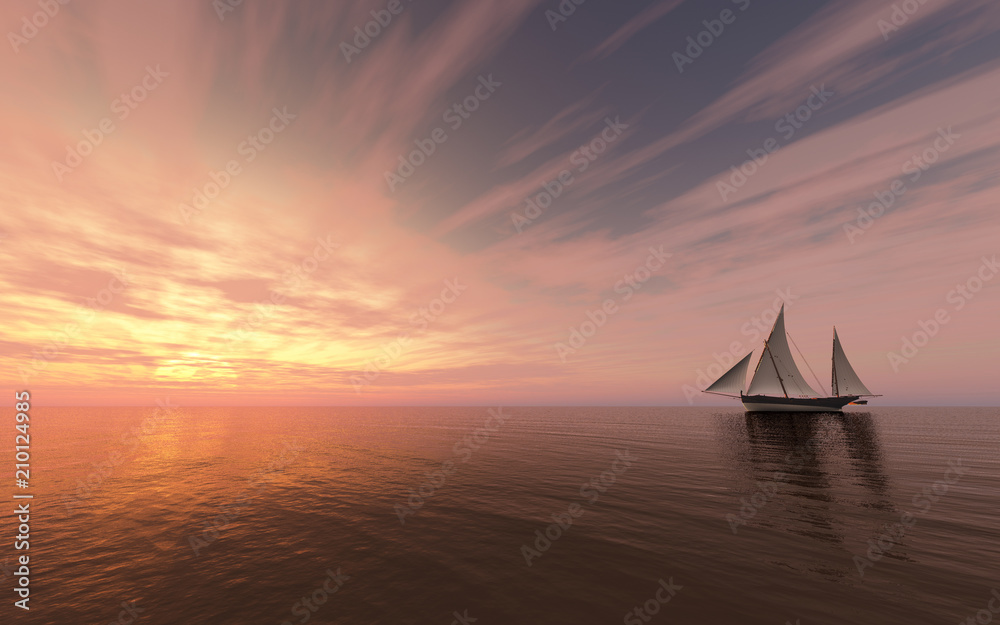 Sailing ship at sunset