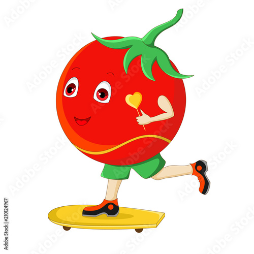 Tomato on a skateboard. Cartoon character. Isolated on white background. Vector illustration.