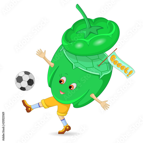 Pepper and soccer ball. Cartoon character. Isolated on white background. Vector illustration.