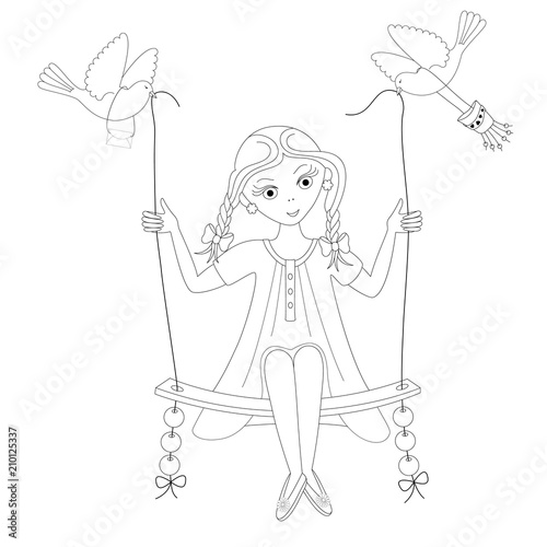 Girl on the swing. Coloring book. Vector illustration.