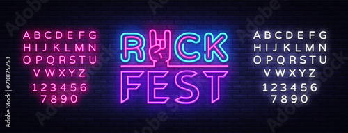 Rock Fest logo in neon style. Rock Festival neon night sign, design template vector illustration for Rock Festival, Concert, Live music, Light banner. Vector illustration. Editing text neon sign